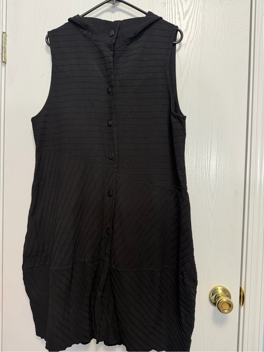 Sleeveless Black Textured Button Dress